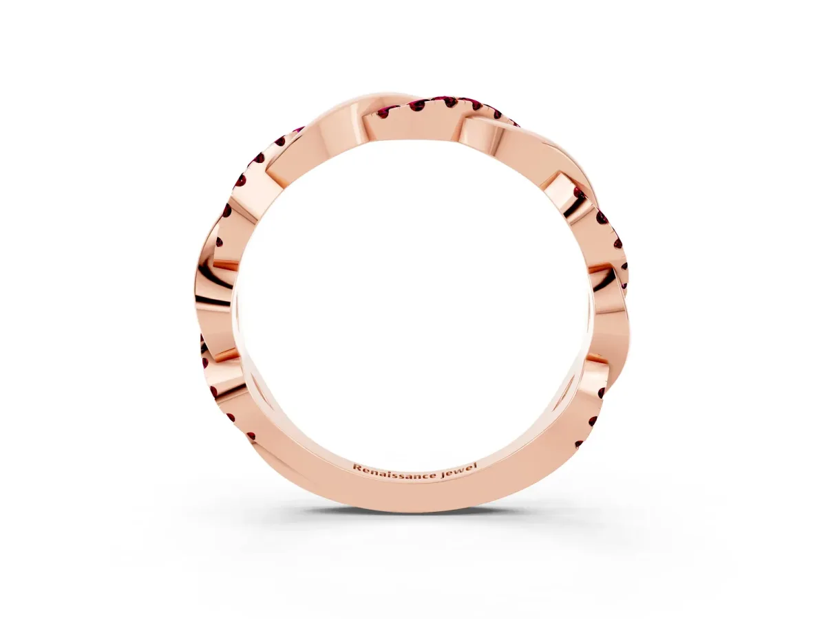 Pavé Round Garnet Twist Eternity Band with Shared Prong Setting Rose gold