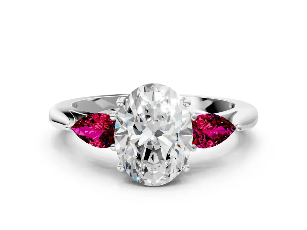 Oval Cut Diamond Three-Stone Ring with Pear Garnet Side Stones and Prong Setting White gold