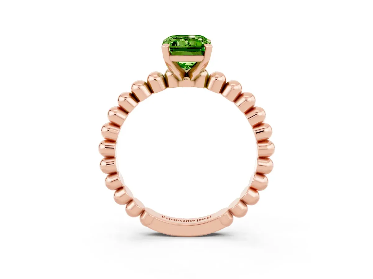 Emerald Cut Peridot Solitaire Ring with Beaded Band and Prong Setting Rose gold