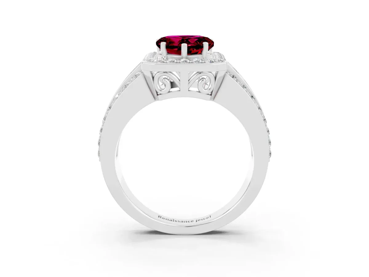 Heart Cut Halo Garnet Ring with Round Split Shank and Prong Setting Platinum