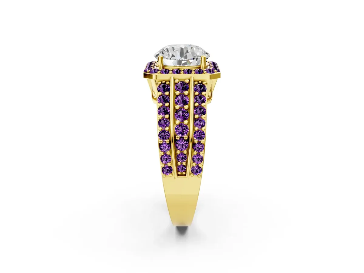 Round Cut Halo Diamond Ring with Round Amethyst Split Shank and Prong Setting Yellow gold