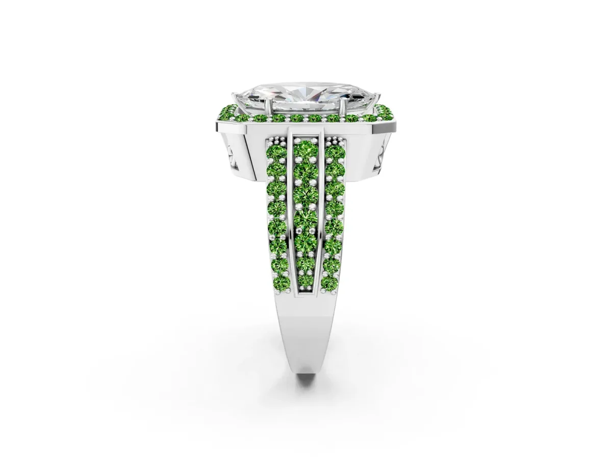 Marquise Cut Halo Diamond Ring with Round Peridot Split Shank and Prong Setting Silver