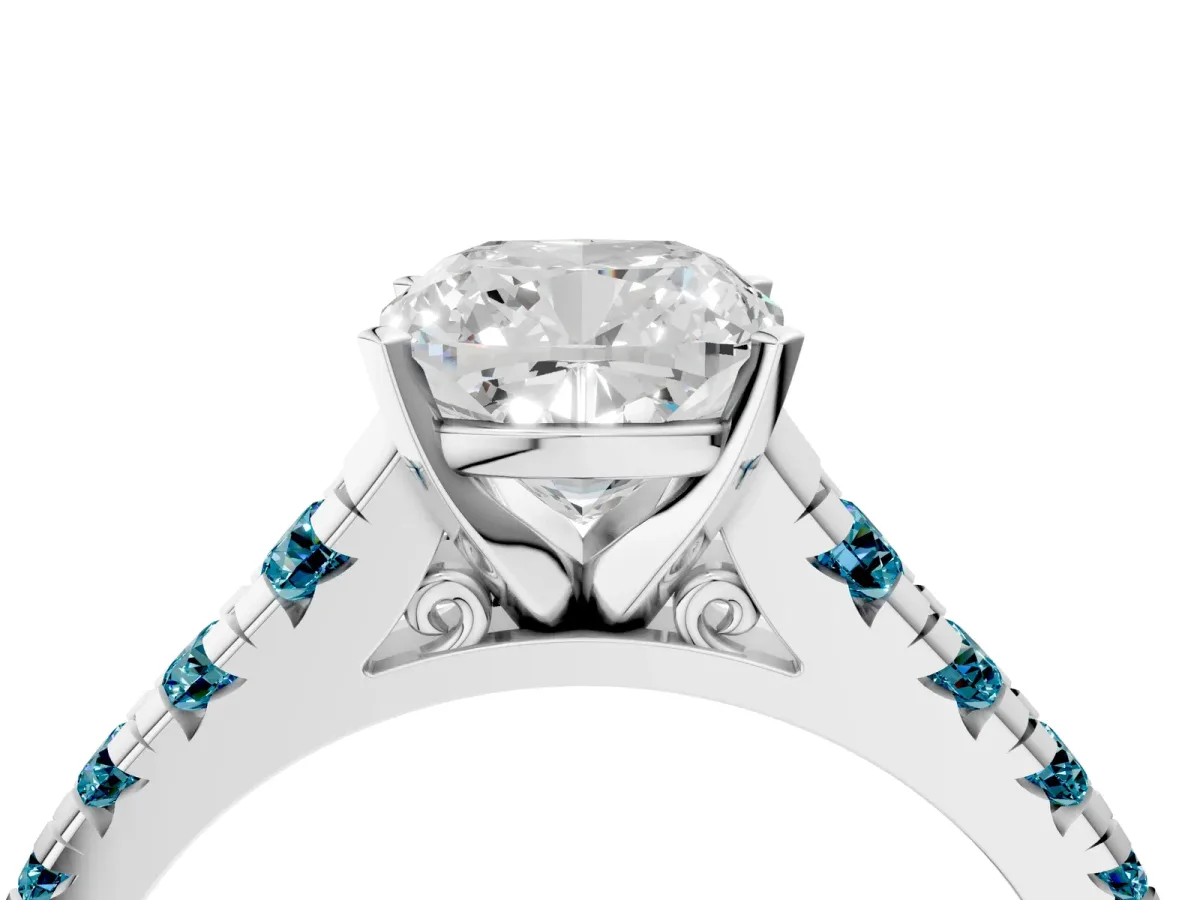 Cushion Cut Diamond Cathedral Solitaire Ring with Round Blue Topaz Pavé Band Silver