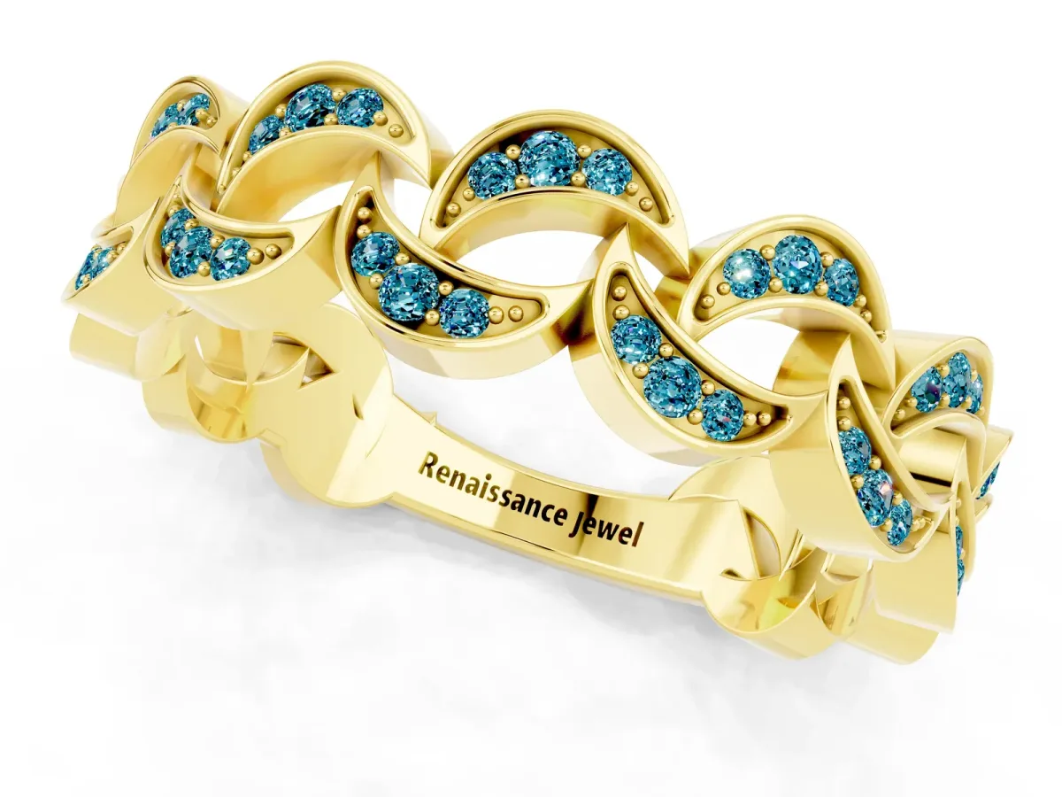 Pavé Round Blue Topaz Interlocking Eternity Band with Bezel Prong Setting Yellow gold