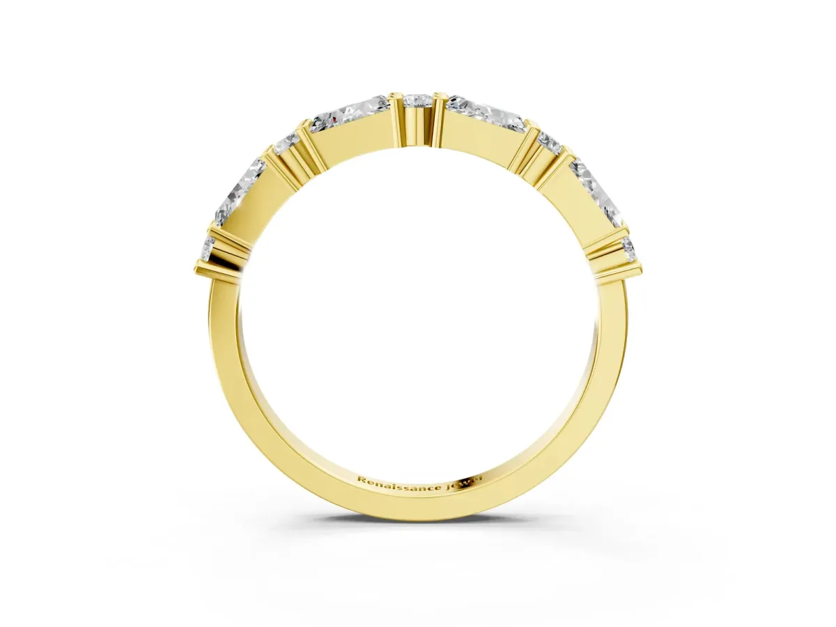 Baguette and Round Diamond Bar Setting Half Eternity Band with Prong Setting Yellow gold