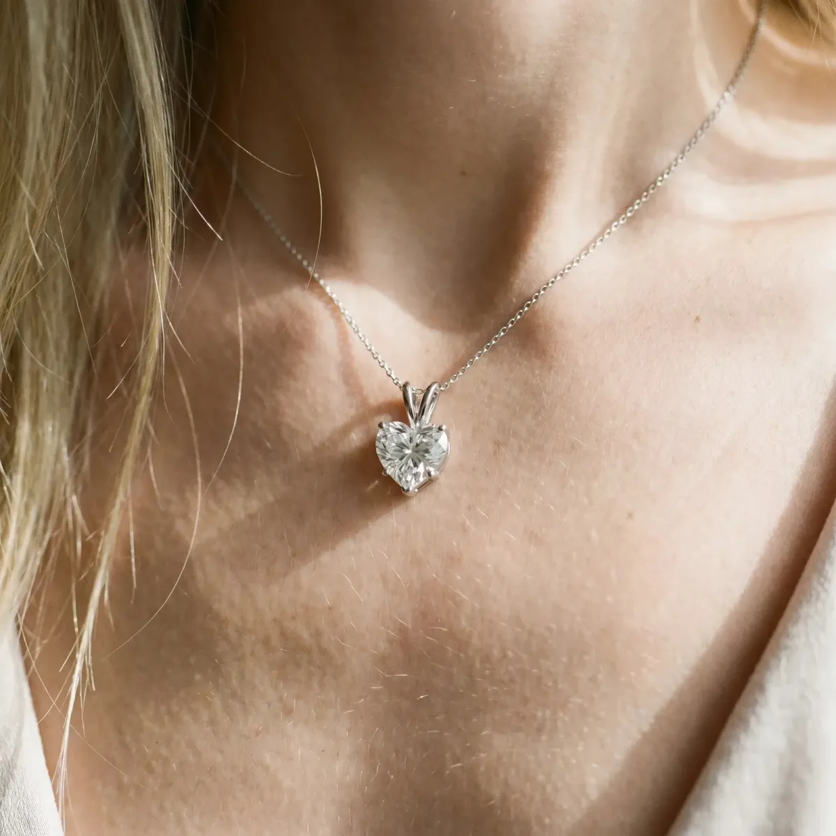 Heart-Shaped Diamond Solitaire Pendant with Four-Prong Setting White gold