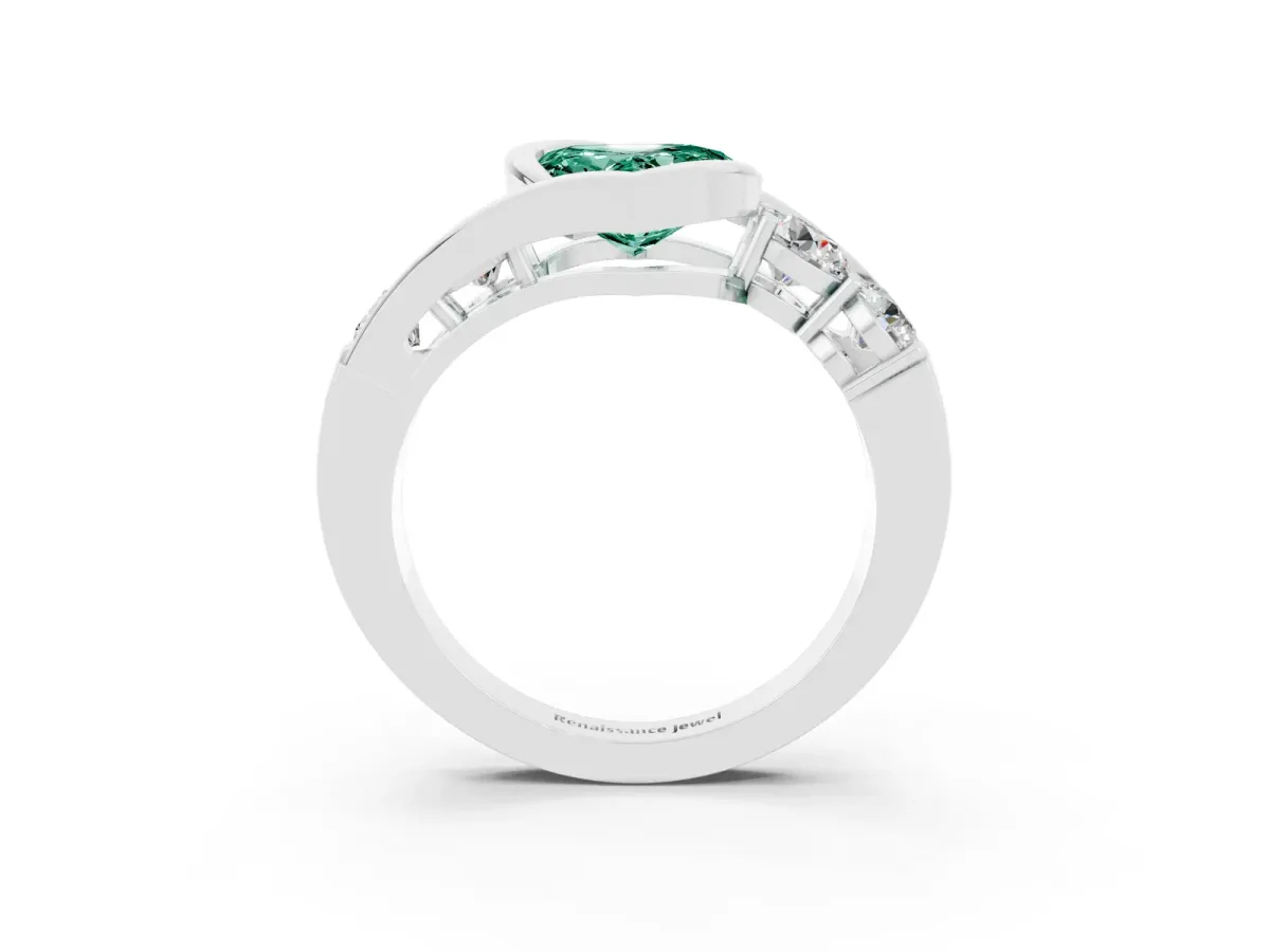 Bezel Set Heart Cut Green Sapphire Bypass Ring with Round Accents Silver
