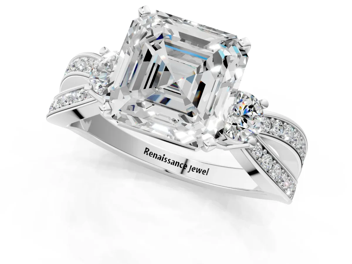 Three-Stone Asscher Cut Cut Diamond Twist Band with Prong Setting Platinum