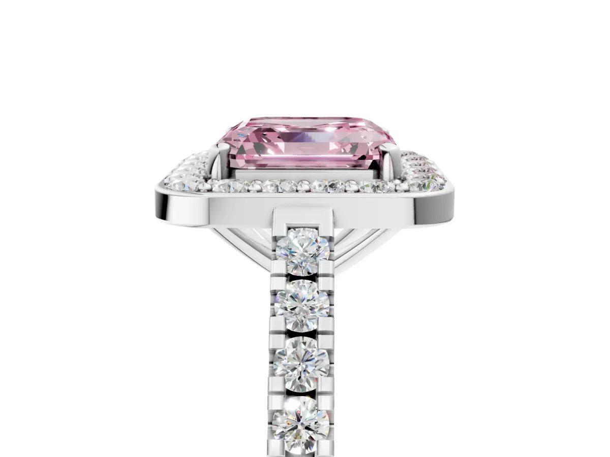 Fancy Pink Asscher Cut Diamond Halo Ring with Round Pavé Split Shank and Prong Setting Platinum