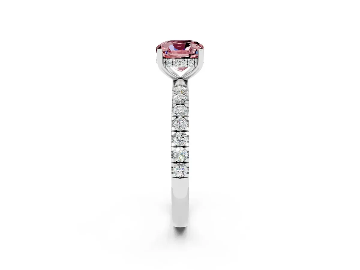 Cushion Cut Morganite Pave Band Solitaire Ring with Round and Prong Setting Platinum