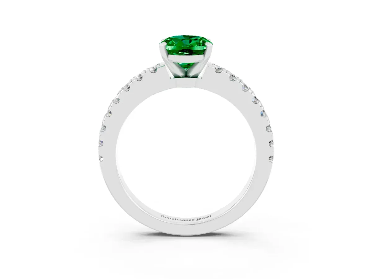 Oval Cut Solitaire Emerald with Pavé Band and Four-Prong Setting Silver