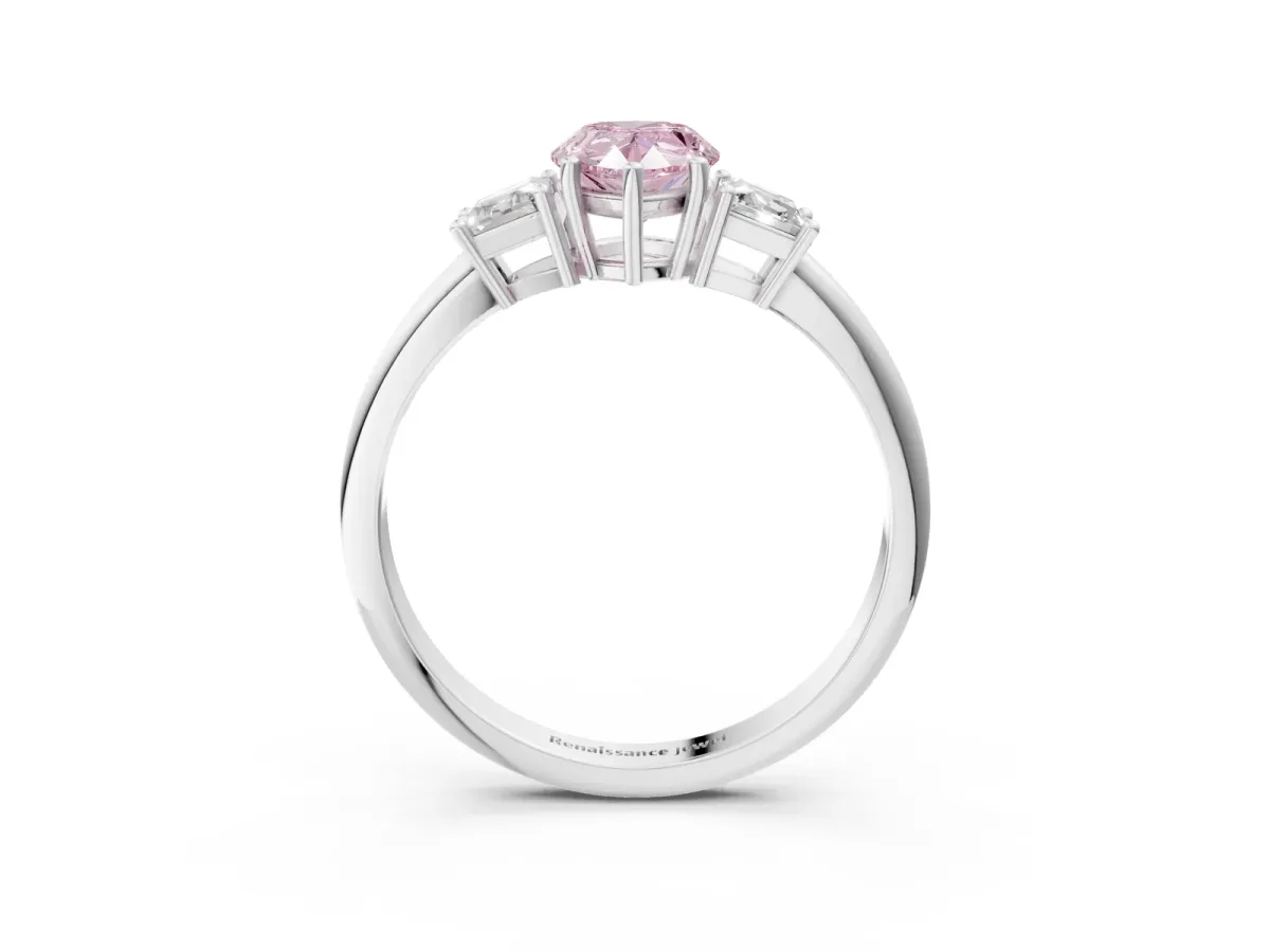 Fancy Pink Pear Cut Diamond Three-Stone Ring with Trapezoid Side Stones and Prong Setting Platinum