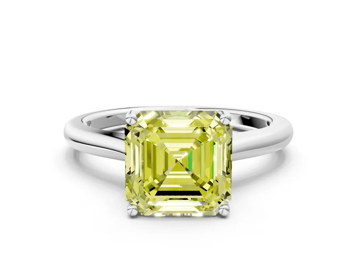 Fancy Yellow Asscher Cut Cut Solitaire Ring with Cathedral Band and Four-Prong Setting Platinum