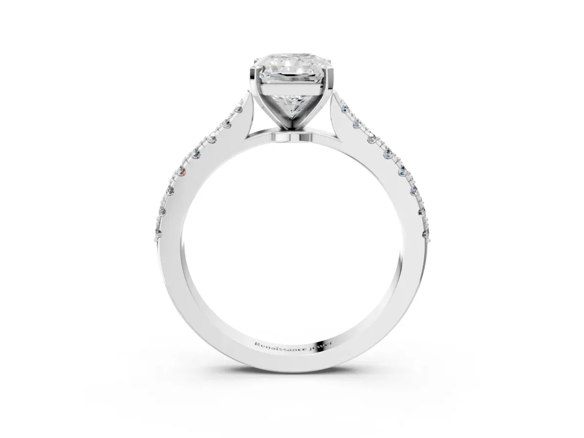 Radiant Cut Cut Solitaire Diamond Engagement Ring with Pave Band and Four-Prong Setting Silver