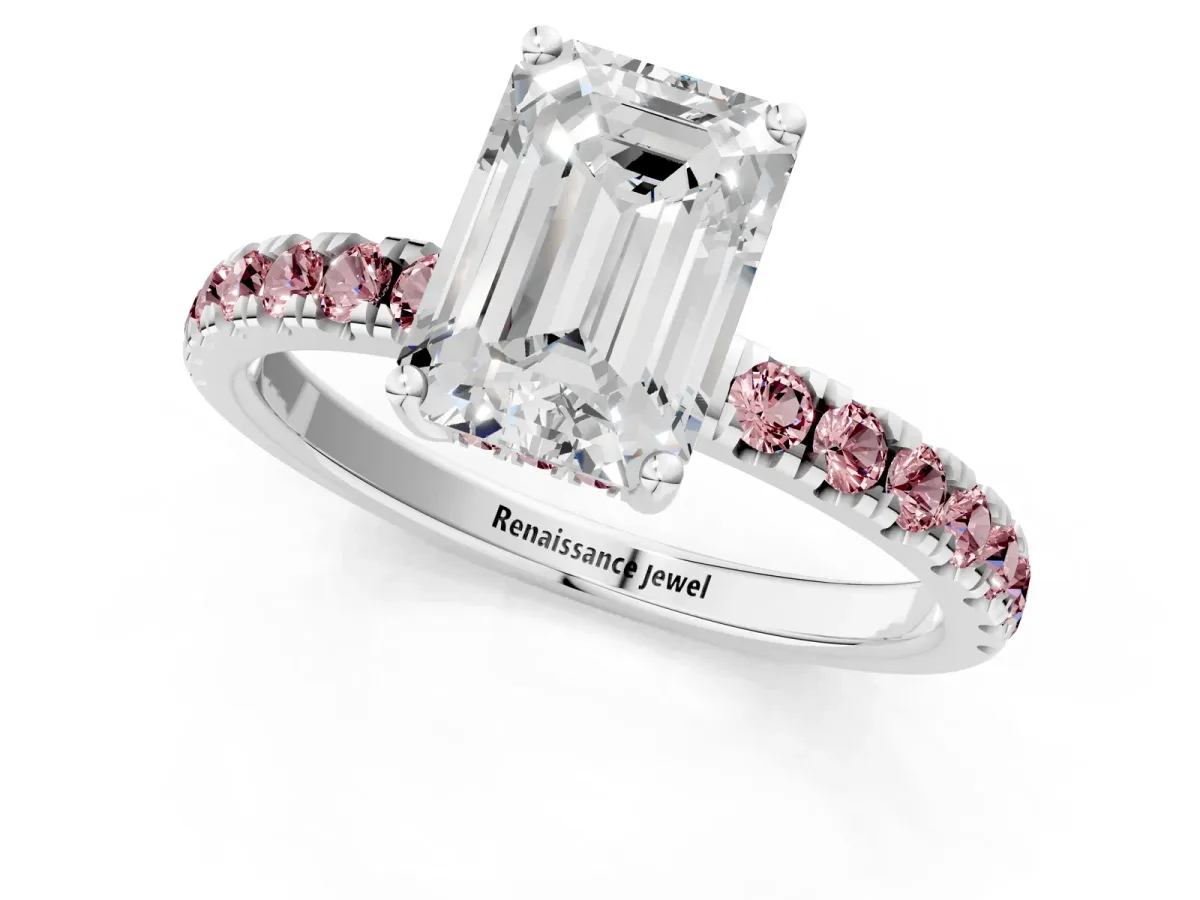 Emerald Cut Diamond Pave Band Solitaire Ring with Round Morganite and Prong Setting Platinum