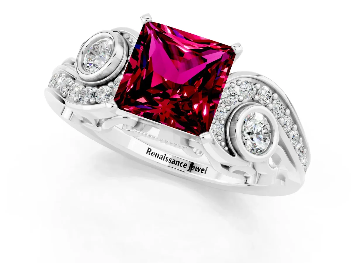 Princess Cut Garnet Solitaire Ring with Milgrain Pavé Band and Four-Prong Setting Silver