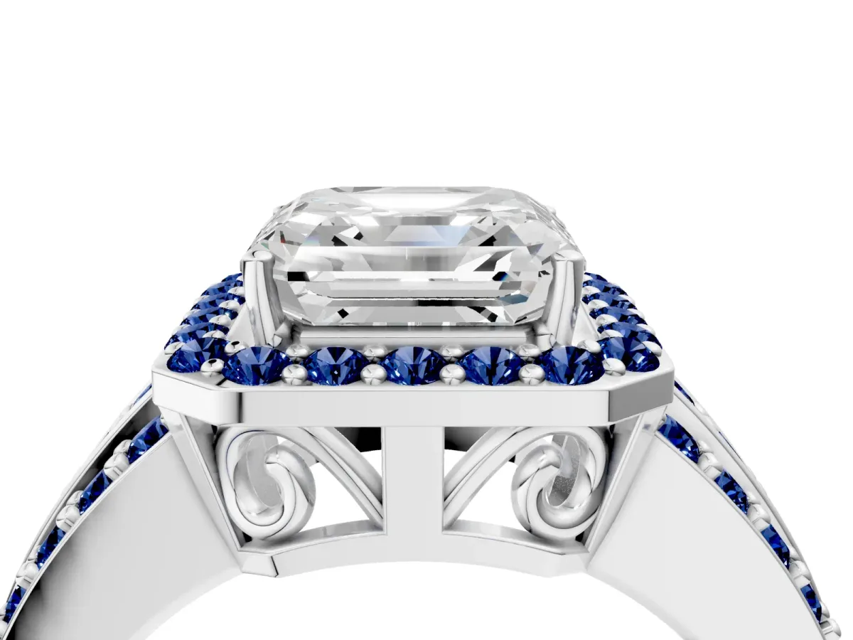 Asscher Cut Halo Diamond Ring with Round Blue Sapphire Split Shank and Prong Setting Silver