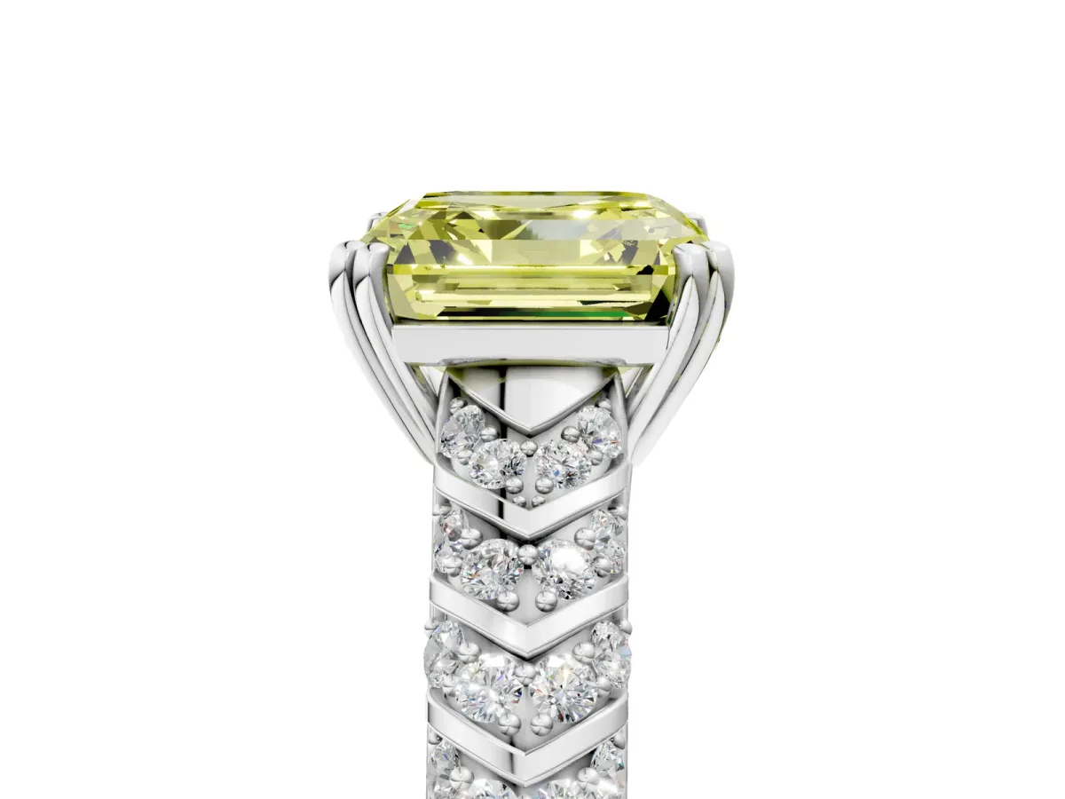 Fancy Yellow Asscher Cut Solitaire Chevron Pave Diamond Engagement Ring with Six-Prong Setting Platinum
