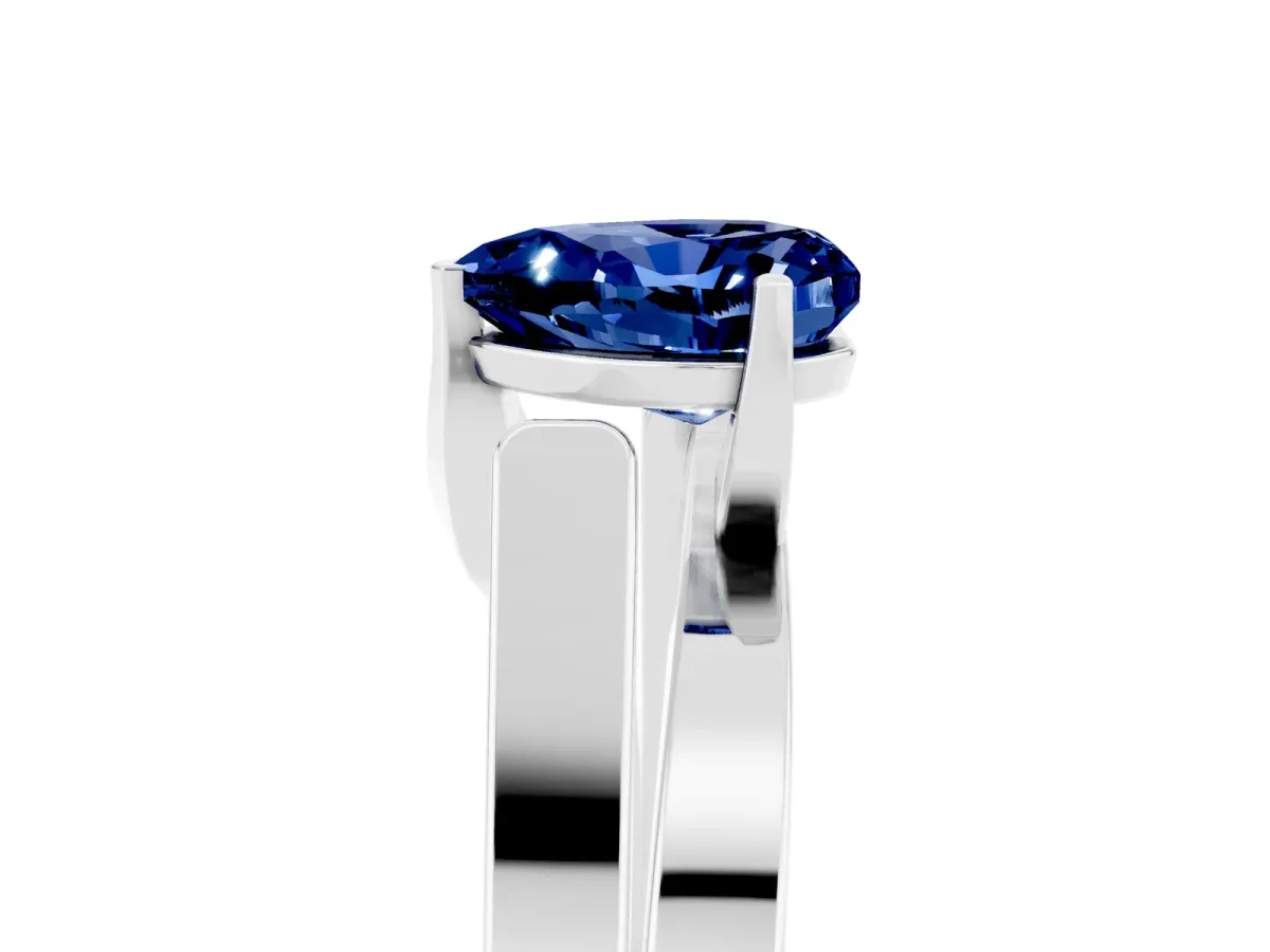Modern Tension Set Heart Cut Blue Sapphire Solitaire Wide Band Ring Silver