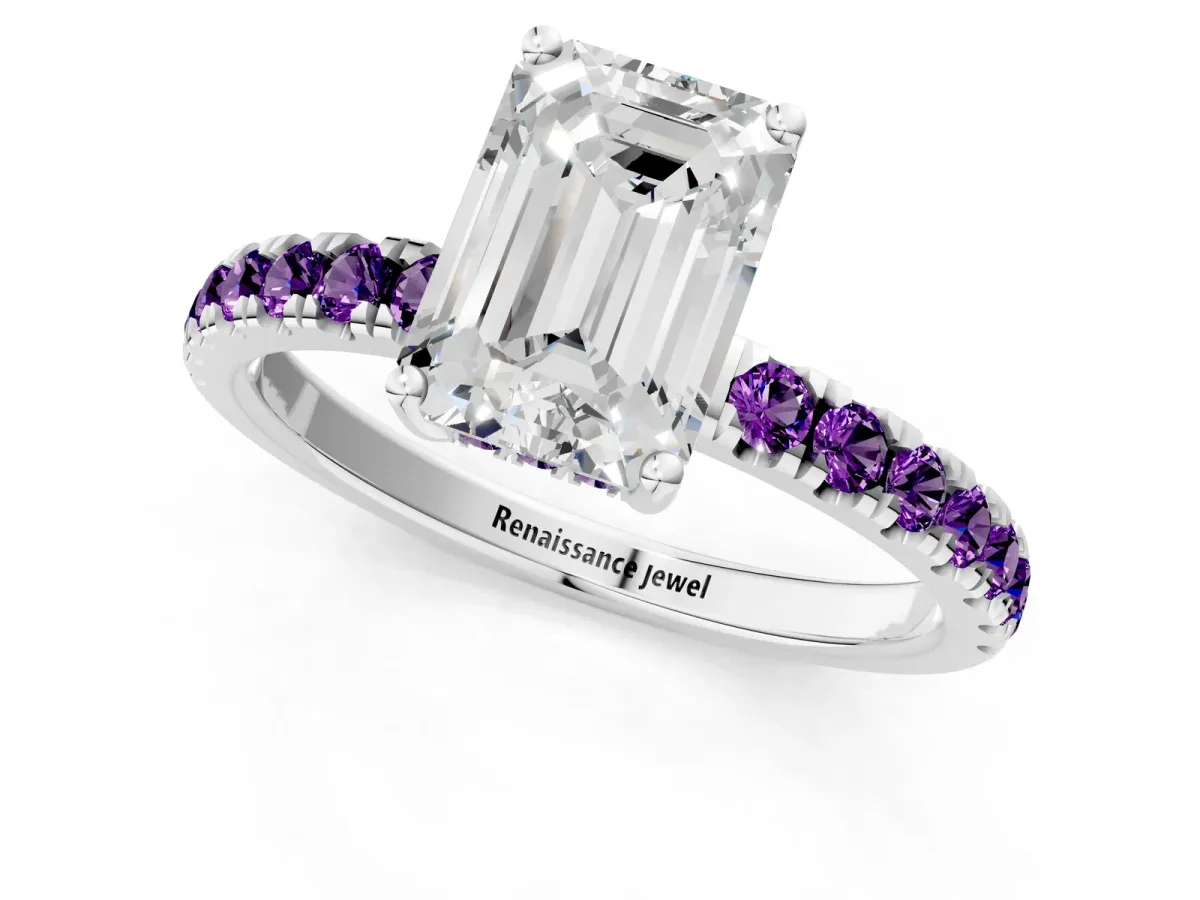 Emerald Cut Diamond Pave Band Solitaire Ring with Round Amethyst and Prong Setting Platinum