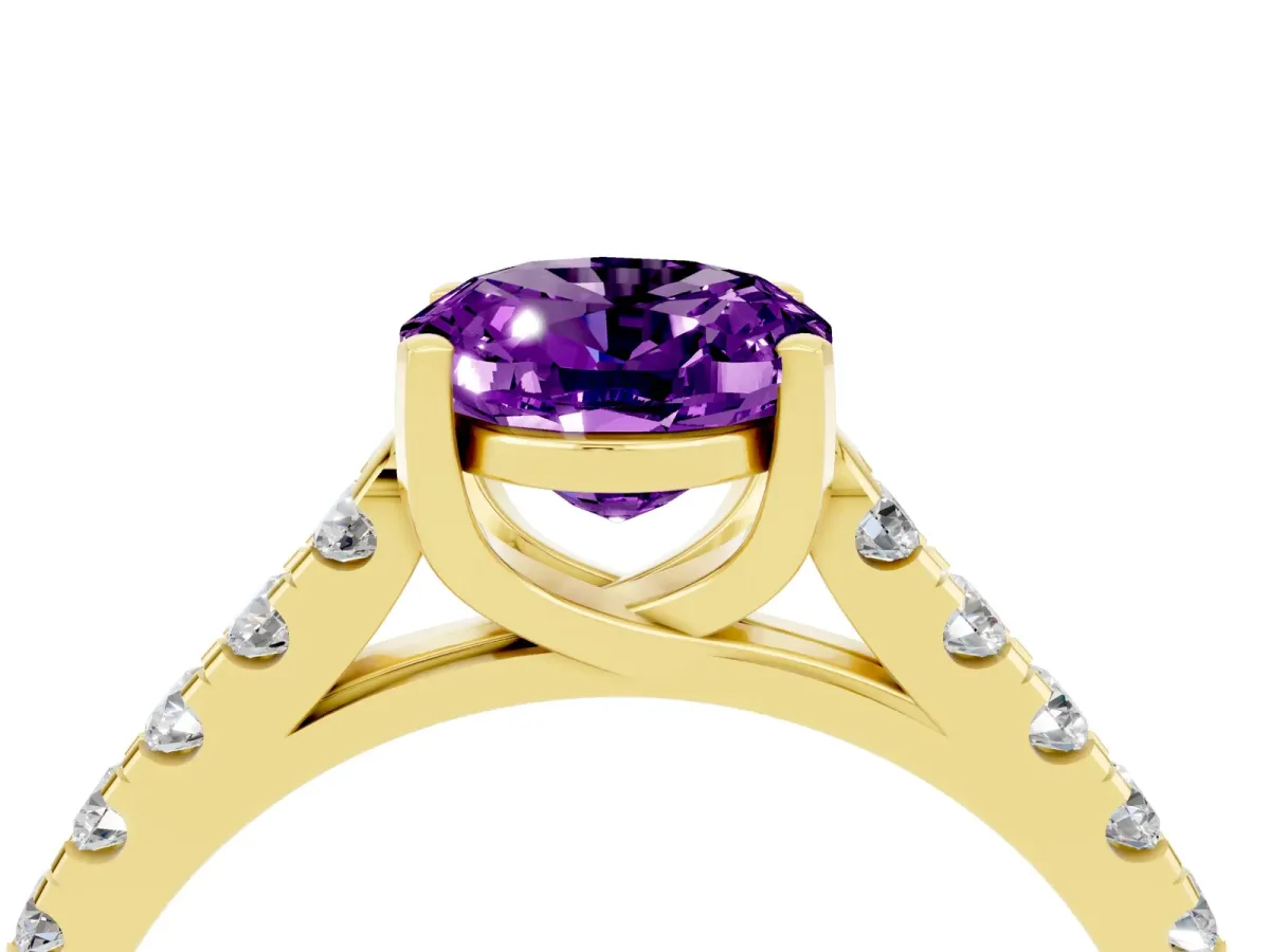 Oval Cut Amethyst Pavé Band Solitaire Ring with Prong Setting Yellow gold