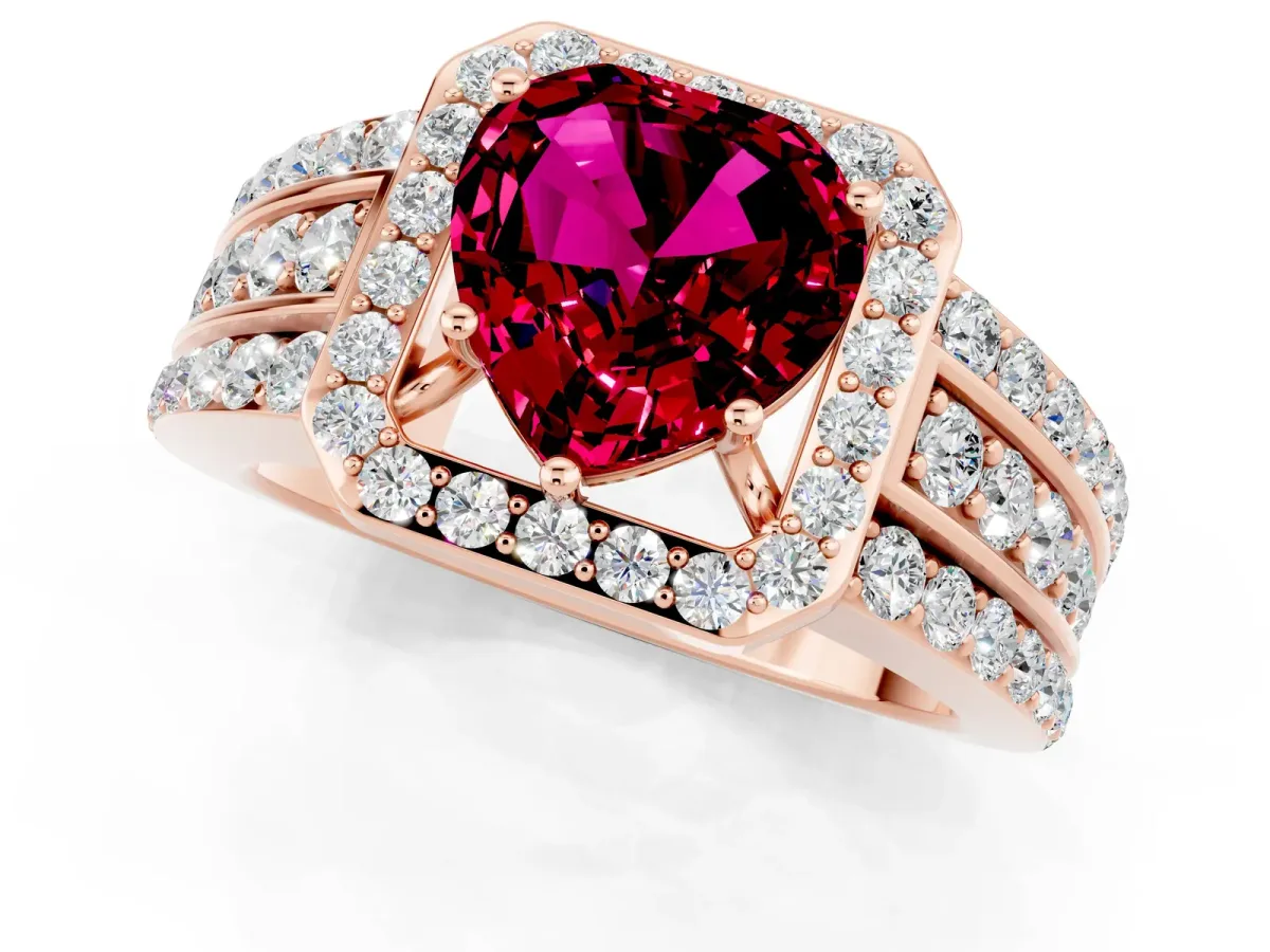 Heart Cut Halo Garnet Ring with Round Split Shank and Prong Setting Rose gold