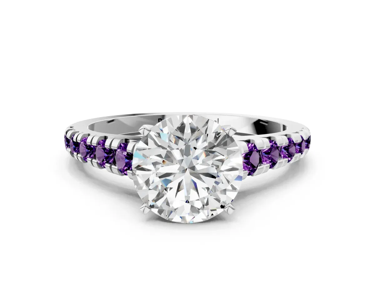 Round Cut Diamond Cathedral Solitaire Ring with Round Amethyst Pavé Band Silver