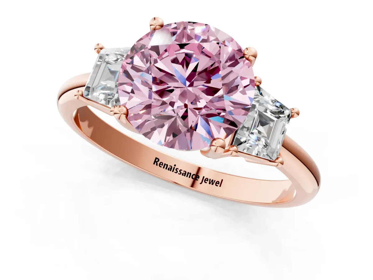 Fancy Pink Round Cut Diamond Three-Stone Ring with Trapezoid Side Stones and Prong Setting Rose gold