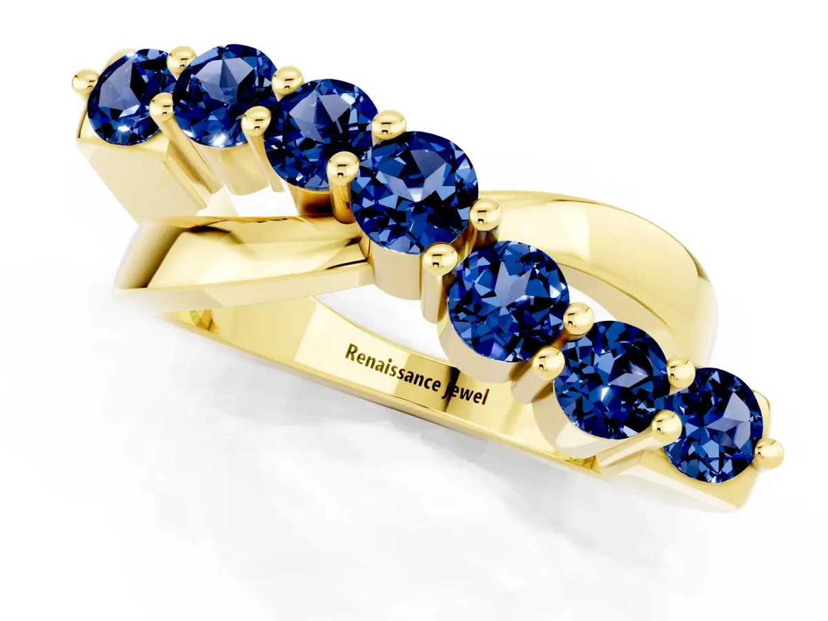 Round Blue Sapphire Prong-Set Crossover Band Yellow gold
