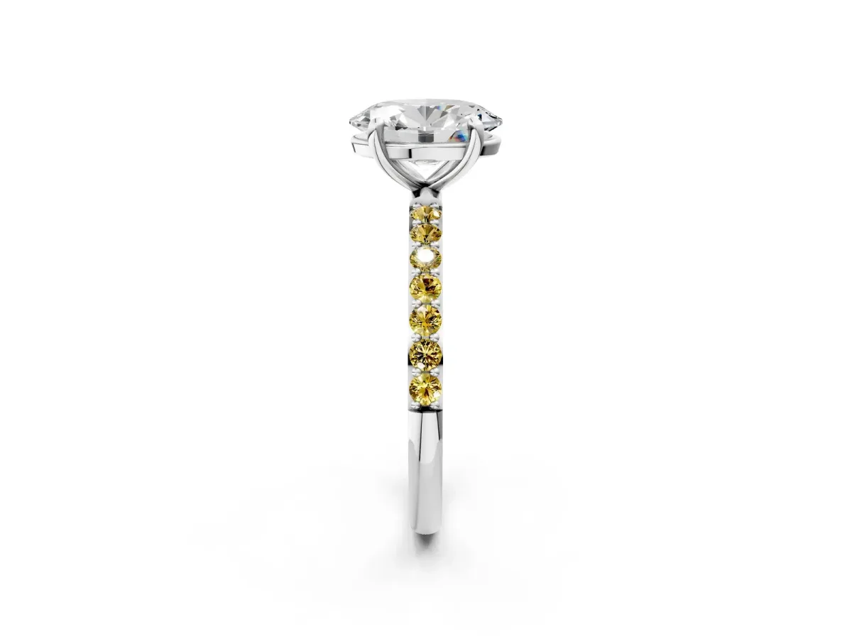 Oval Cut Diamond Solitaire Ring with Round Yellow Sapphire Pavé Band and Prong Setting Silver