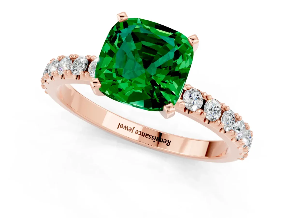 Cushion Cut Emerald Solitaire Pavé Band with Four-Prong Setting Rose gold
