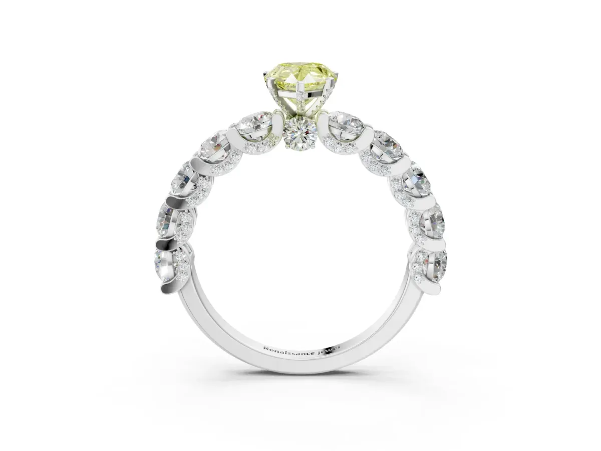 Fancy Yellow Pear Cut Diamond Side Stone Engagement Ring with Four-Prong Setting White gold
