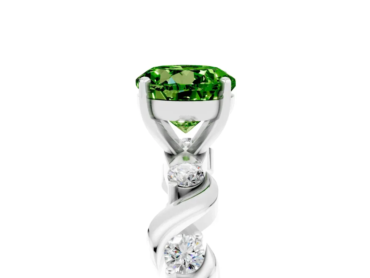 Round Cut Peridot Solitaire Twisted Band with Round Accents and Prong Setting Silver