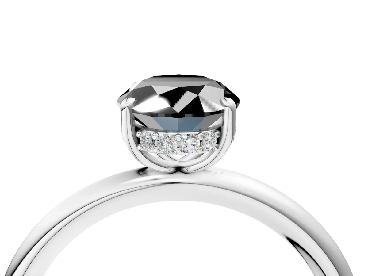 Fancy Black Oval Cut Diamond Solitaire Ring with Thin Band and Four-Prong Setting White gold