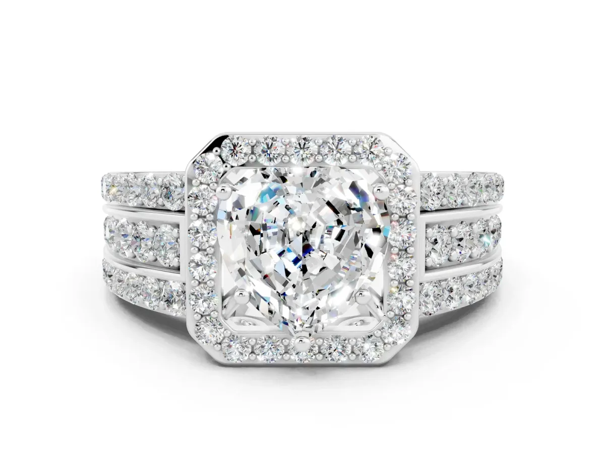 Heart Cut Halo Moissanite Ring with Round Split Shank and Prong Setting Silver