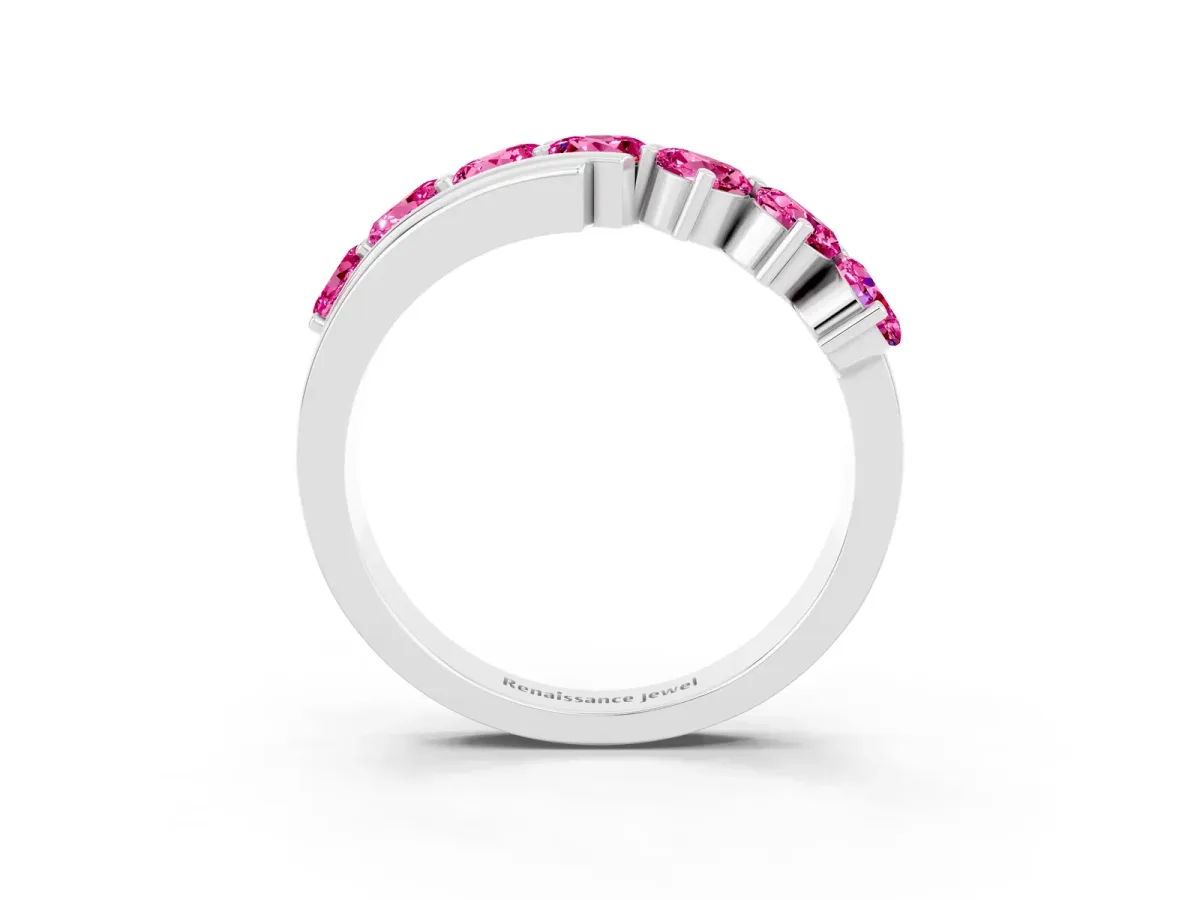 Round Pink Sapphire Wave Band with Channel and Shared Prong Setting Platinum