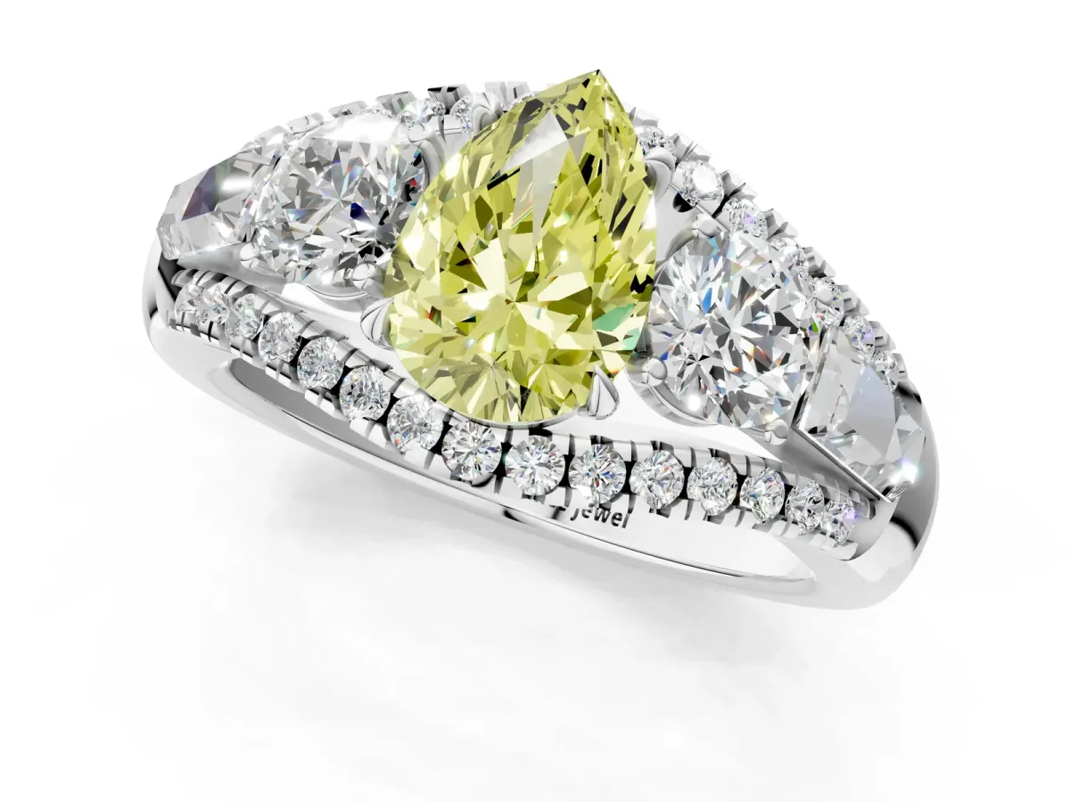 Fancy Yellow Three-Stone Pear Cut Diamond Engagement Ring with Pave Band and Prong Setting Platinum