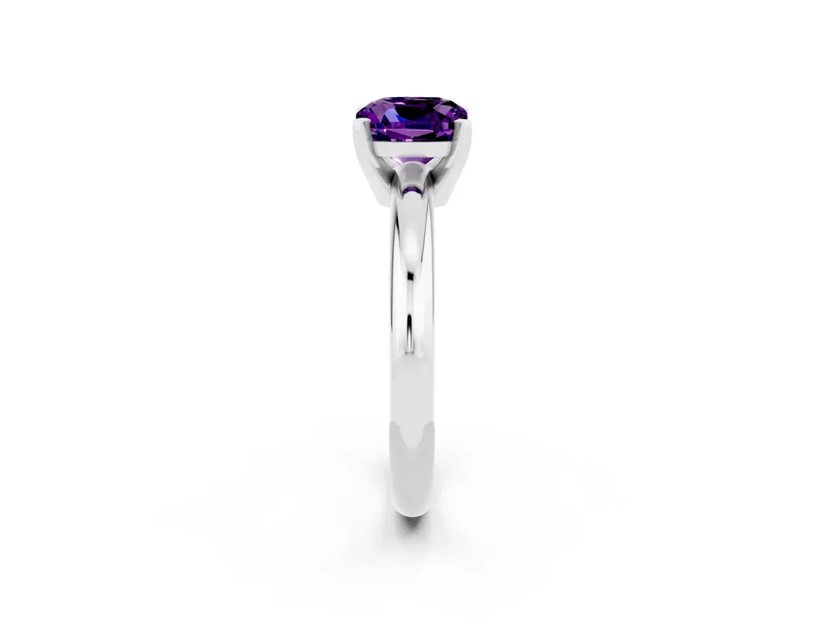 Cushion Cut Amethyst Solitaire Engagement Ring with Round Band and Four-Prong Setting Silver