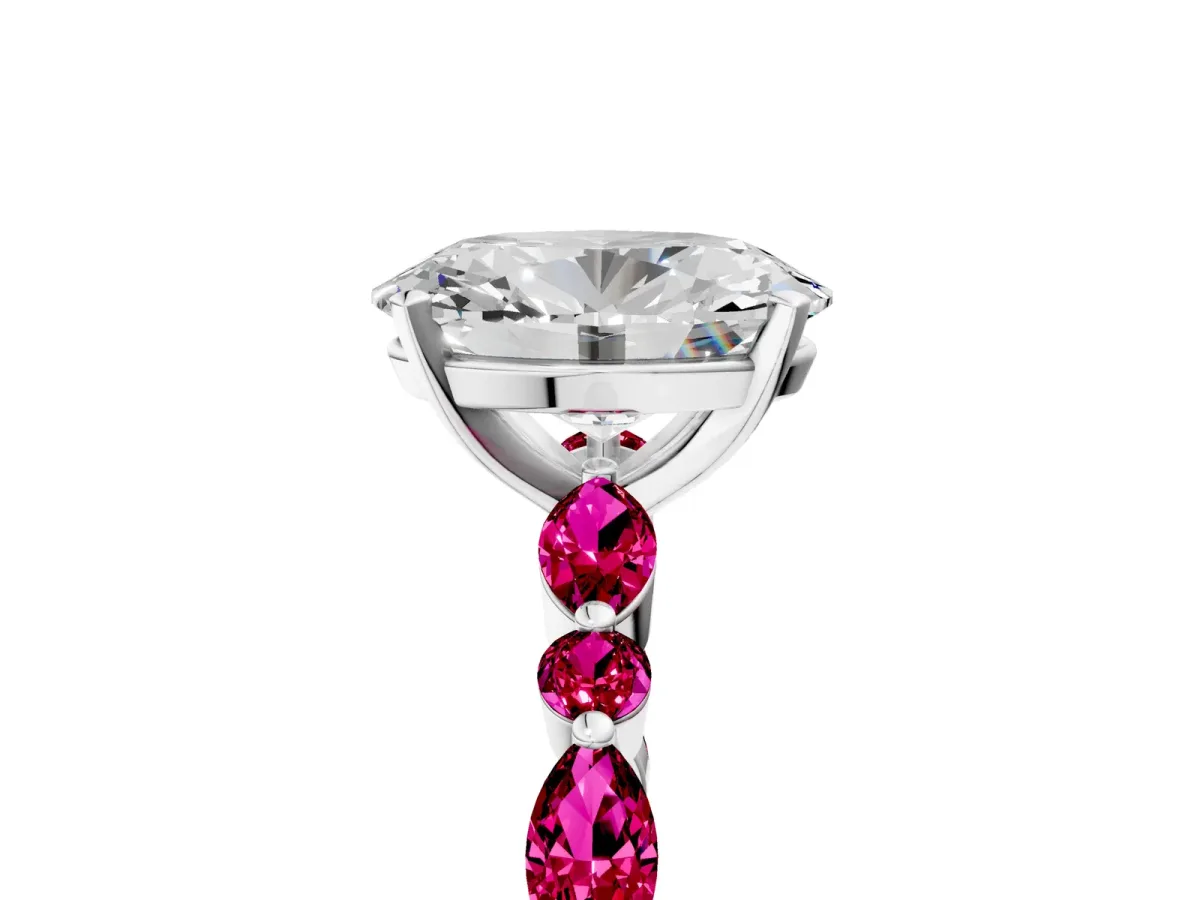 Oval Cut Diamond Ring with Marquise and Round Garnet Side Stones and Four-Prong Setting Silver