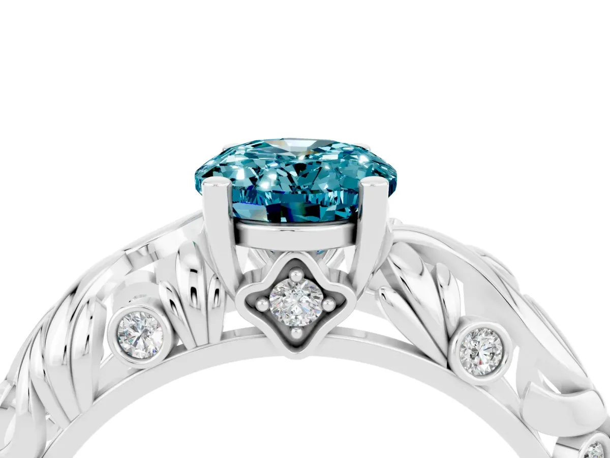 Oval Cut Solitaire Blue Topaz Leaf-Inspired Vine Band Ring with Prong Setting White gold
