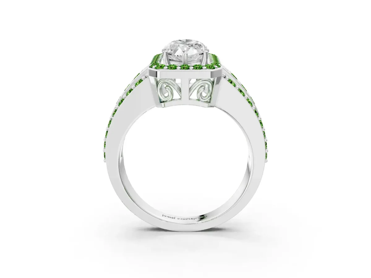 Marquise Cut Halo Diamond Ring with Round Peridot Split Shank and Prong Setting Silver