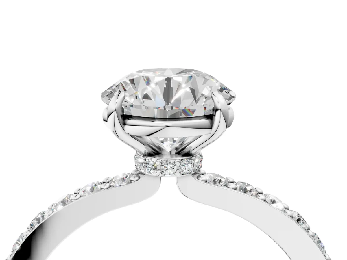 Round Cut Diamond Pavé Engagement Ring with Round Accents and Prong Setting Silver