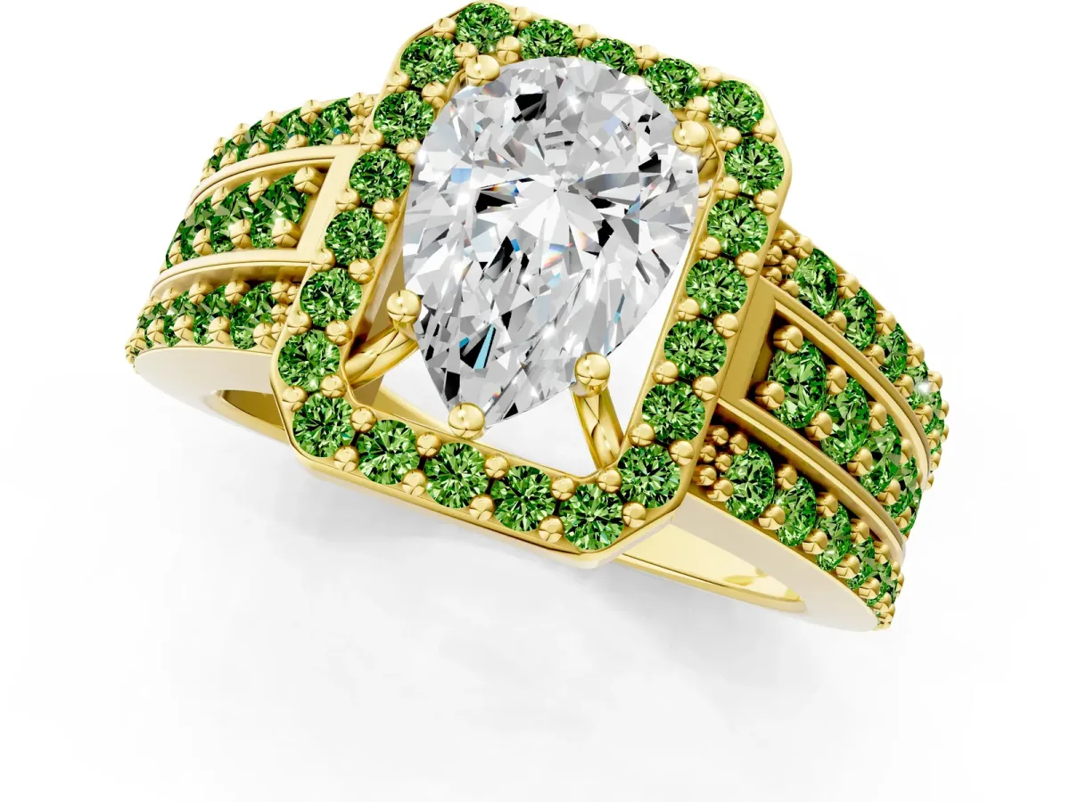 Pear Cut Halo Diamond Ring with Round Peridot Split Shank and Prong Setting Yellow gold