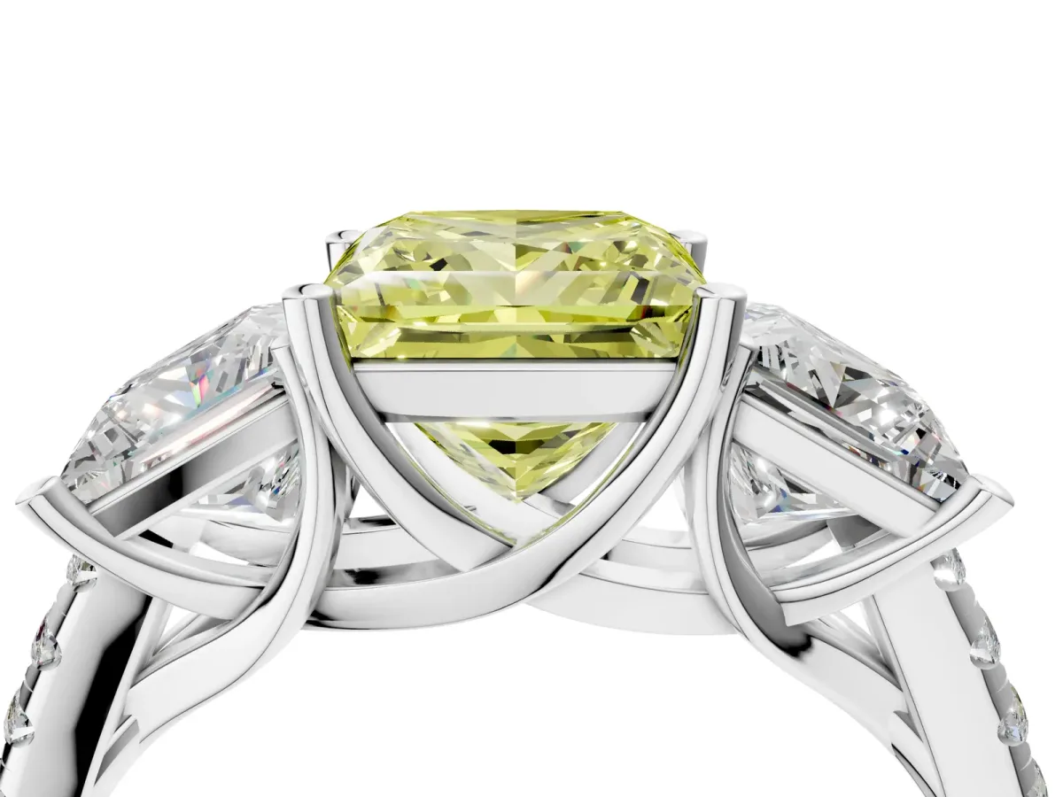 Fancy Yellow Three-Stone Princess Cut Diamond Ring with Round Pavé Band and Prong Setting Silver