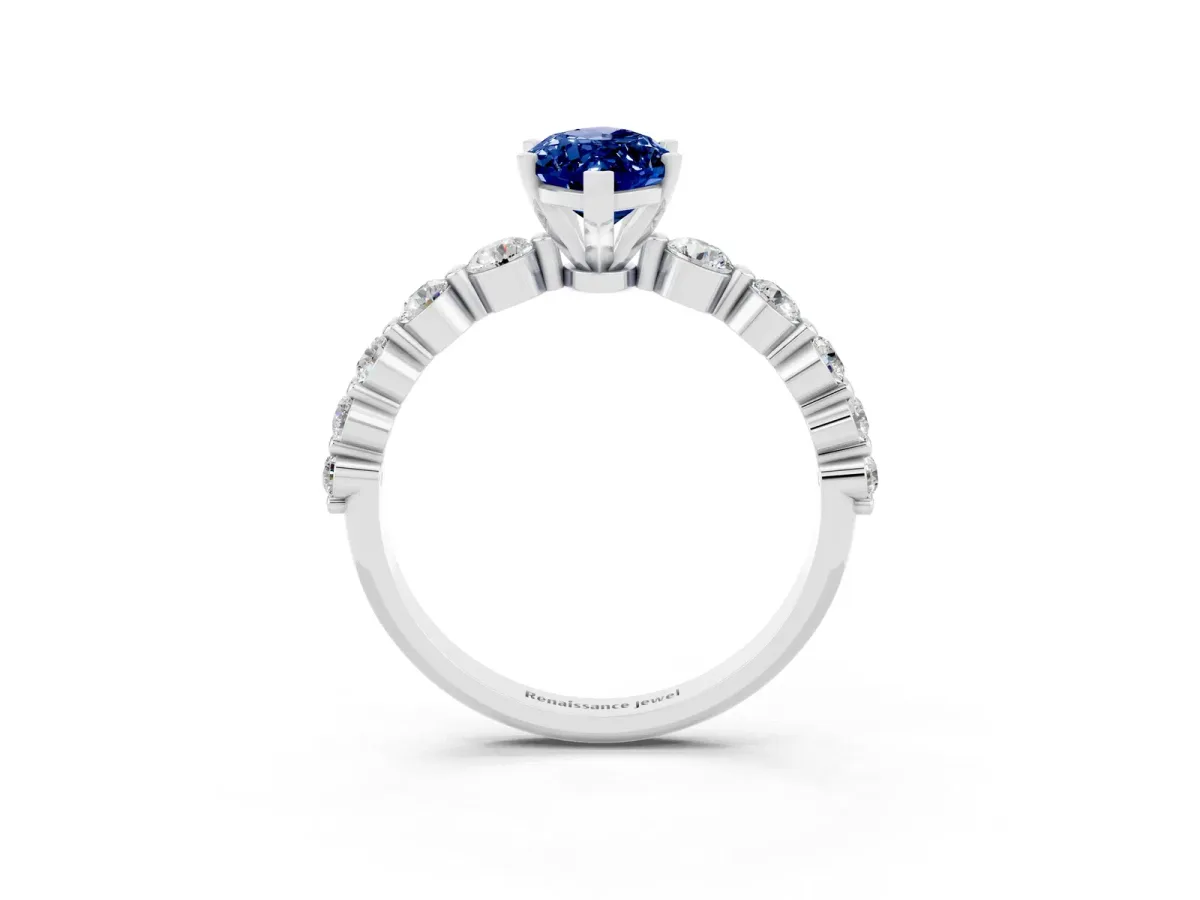 Marquise Cut Solitaire Blue Sapphire Ring with Pave Band and Four-Prong Setting Silver