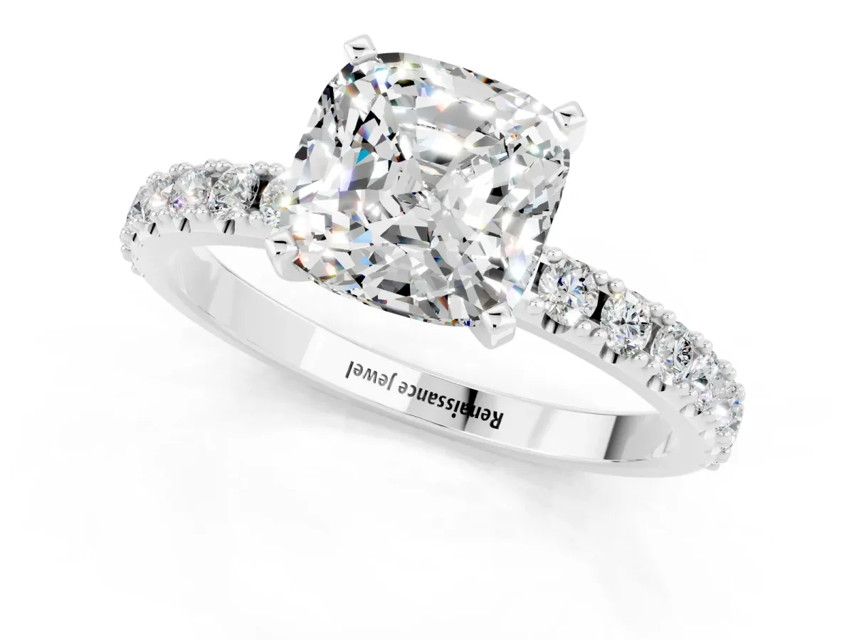 Cushion Cut Moissanite Solitaire Pavé Band with Four-Prong Setting Silver