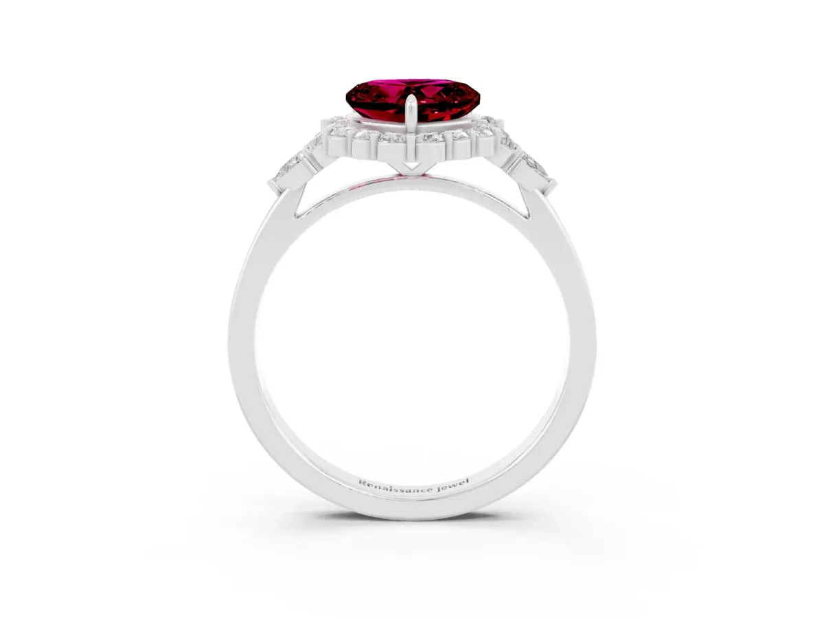 Heart Cut Garnet Halo Ring with Pear Side Stones and Prong Setting Silver