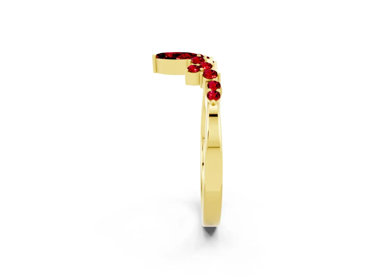 Marquise and Round Ruby Chevron Band with Prong Setting Yellow gold