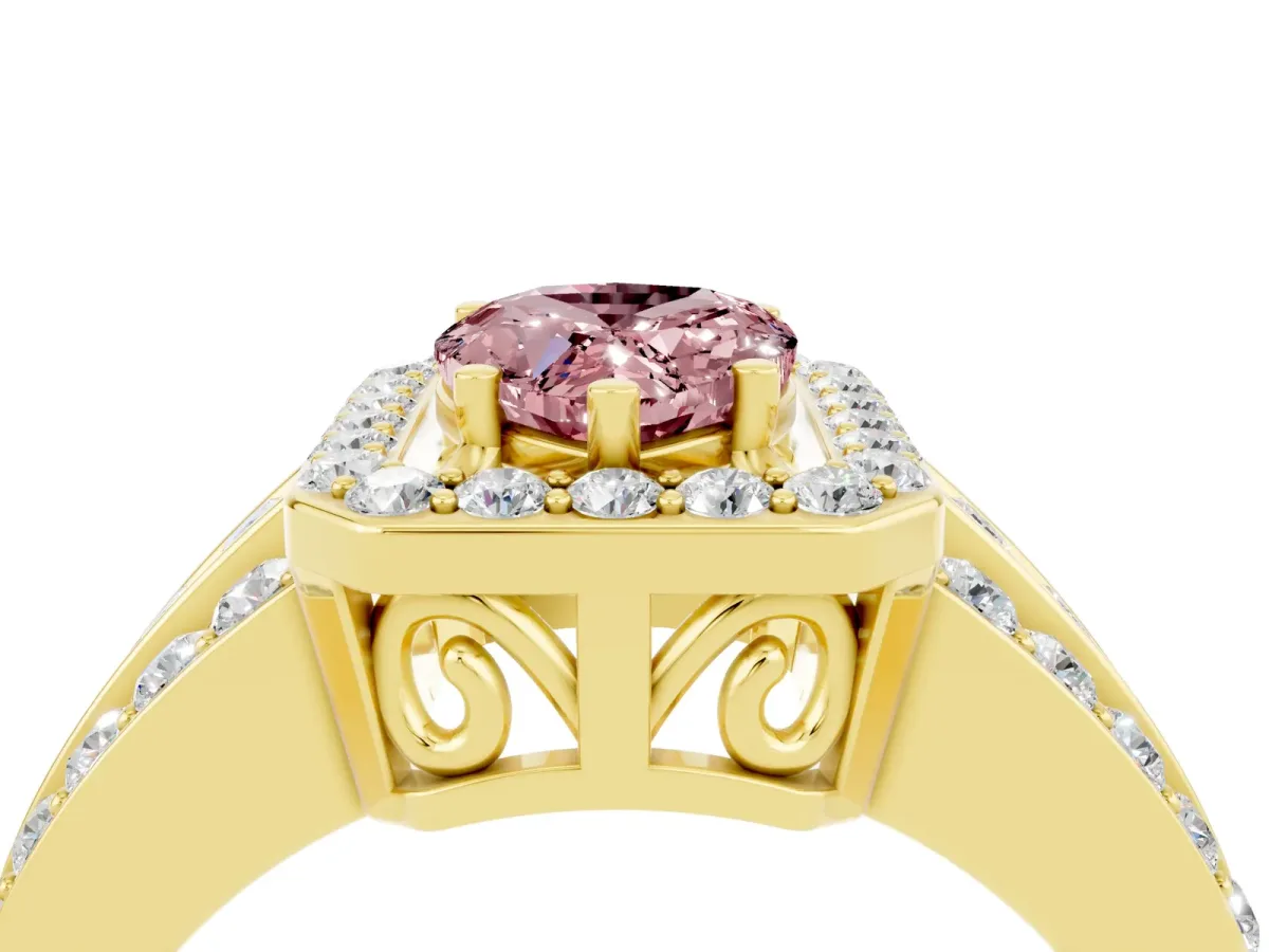 Pear Cut Halo Morganite Ring with Round Split Shank and Prong Setting Yellow gold