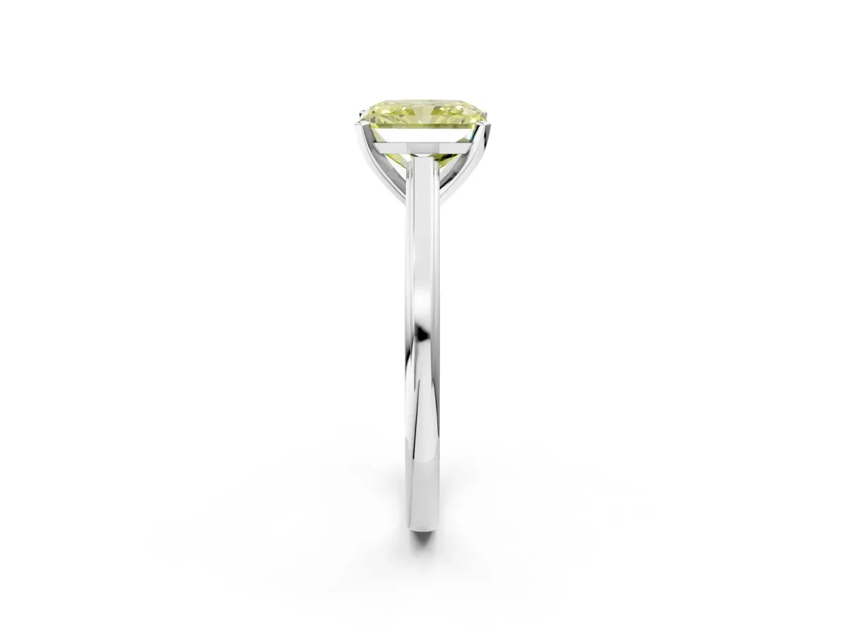 Fancy Yellow Radiant Cut Solitaire Diamond Ring with Four-Prong Setting and Classic Band Platinum